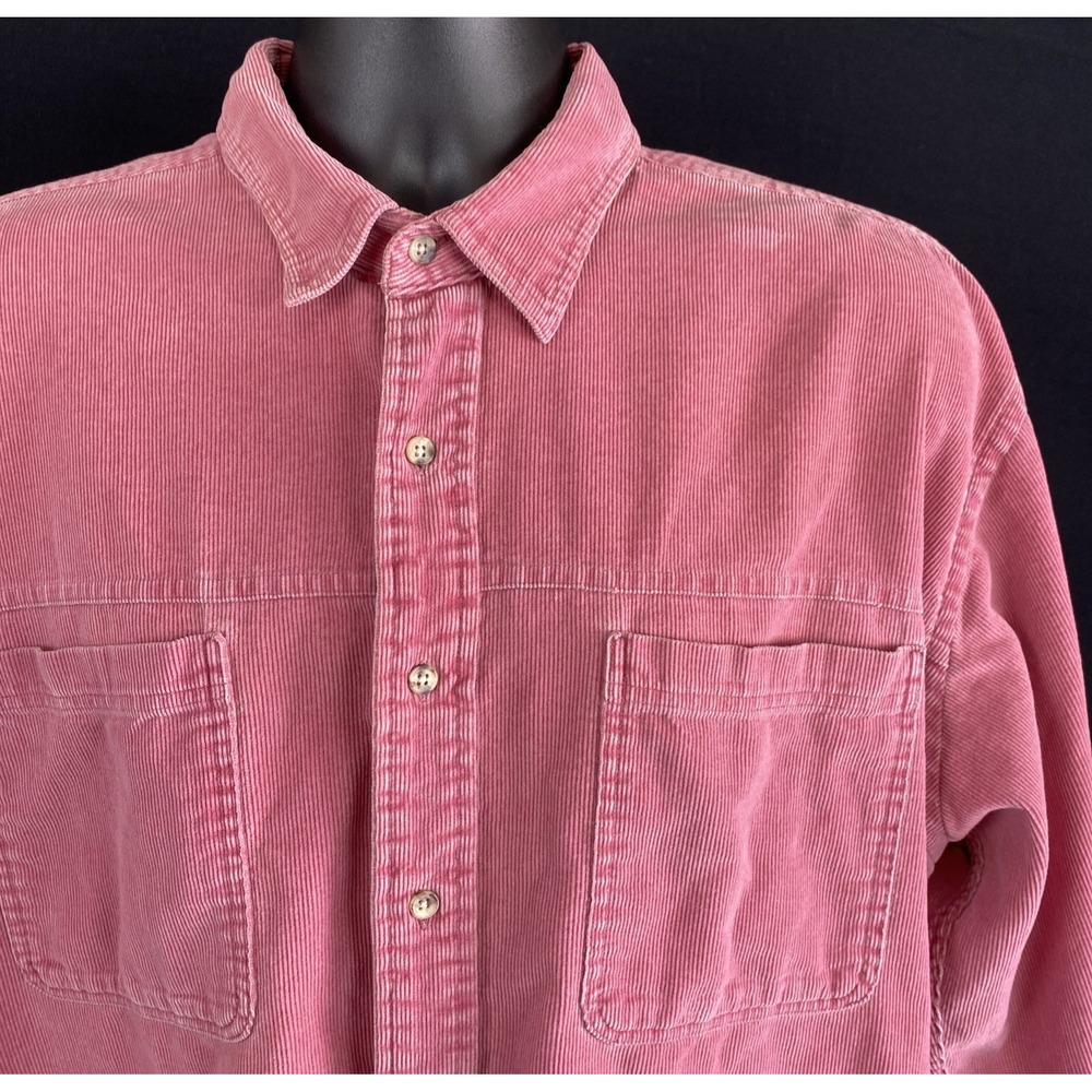 VTG Lands End Shirt Mens XL Tall 17-17.5 Corduroy Button Up Double Pocket Salmon